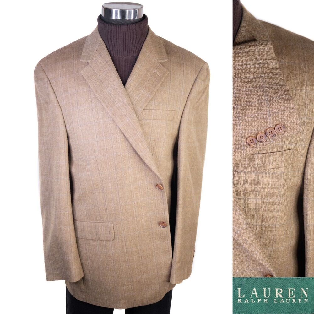 Ralph Lauren Mens Beige Herringbone 2 Button Sport Coat Blazer Jacket Sz 48R EUC